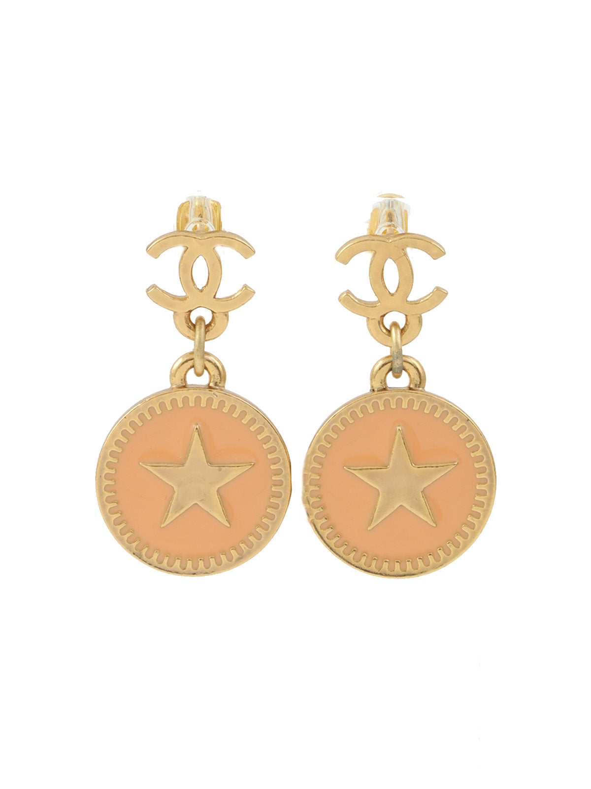 2001 CC Mark Round Star Swing Earrings Gold/Beige
