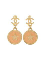 2001 CC Mark Round Star Swing Earrings Gold/Beige