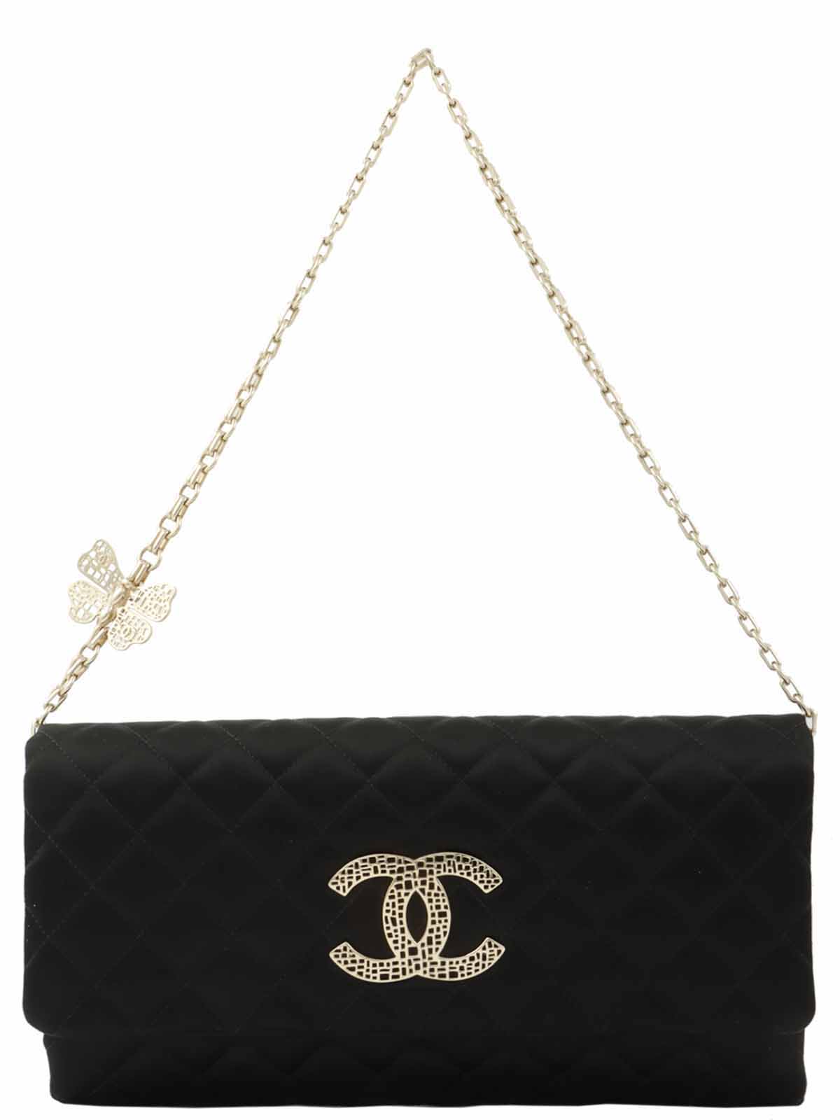 2014年頃製　シルクサテンCCマークステッチバタフライチェーンバッグ　ブラック