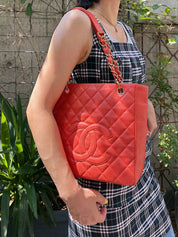 2003 Caviar Skin CC Mark Stitch Chain Tote Bag, Salmon Pink