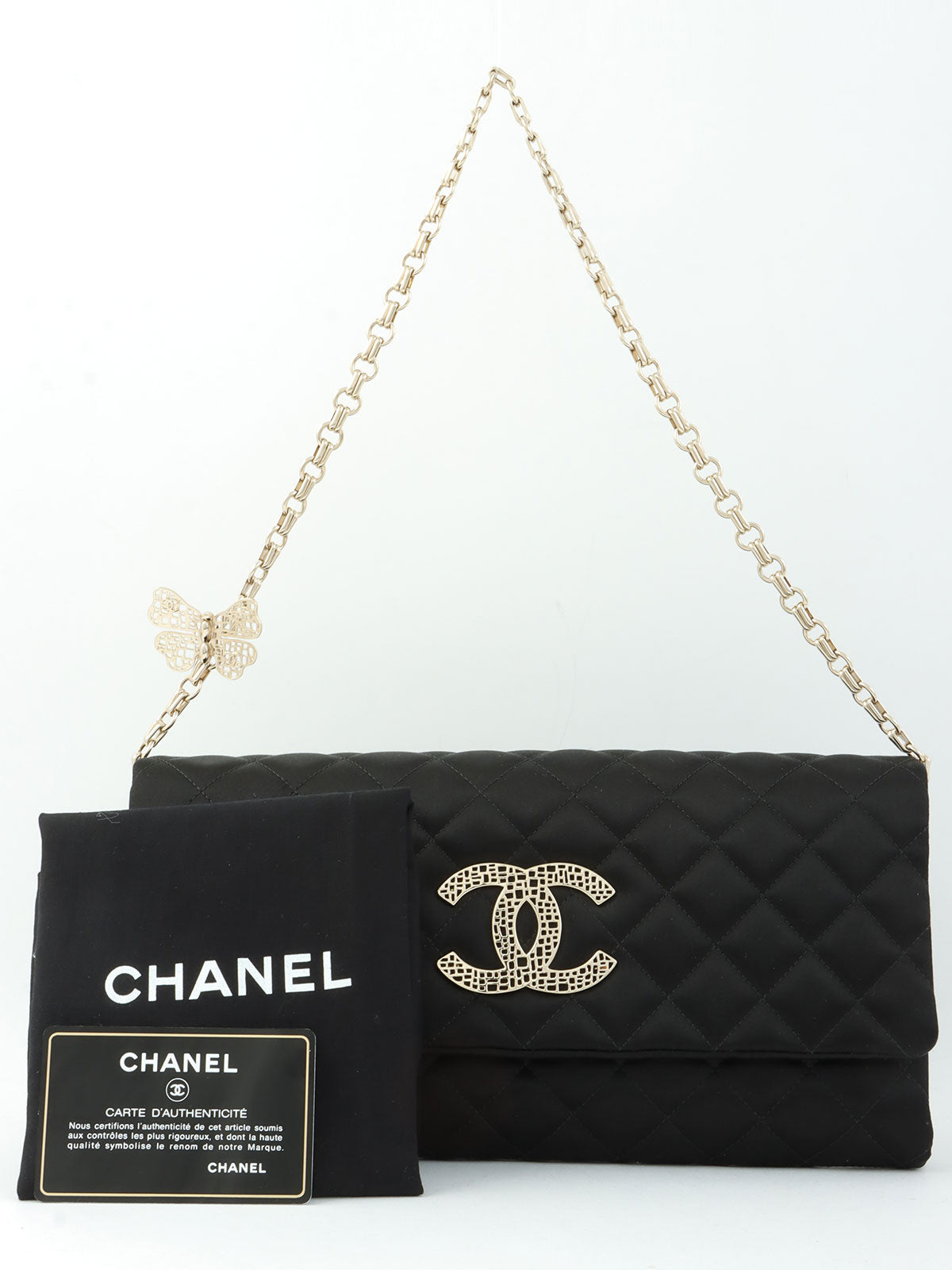 2014年頃製　シルクサテンCCマークステッチバタフライチェーンバッグ　ブラック