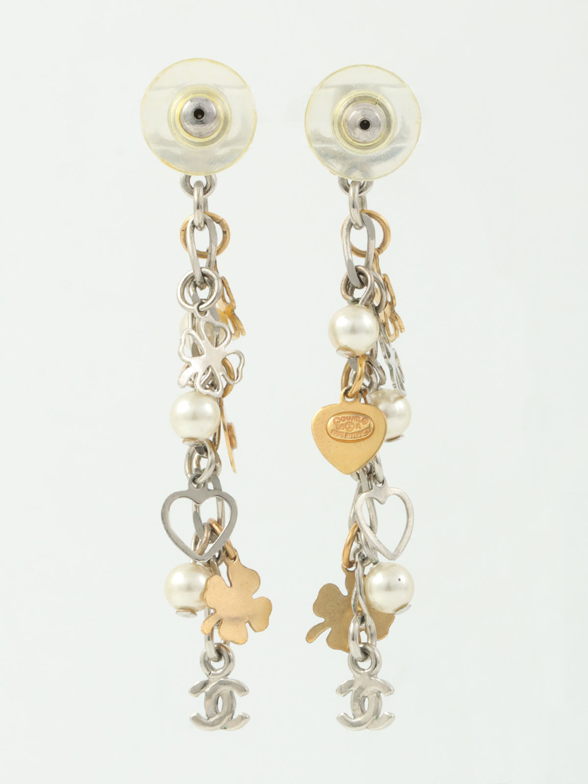 2006 CC Mark Heart Clover Motif Swing Earrings Silver/Gold