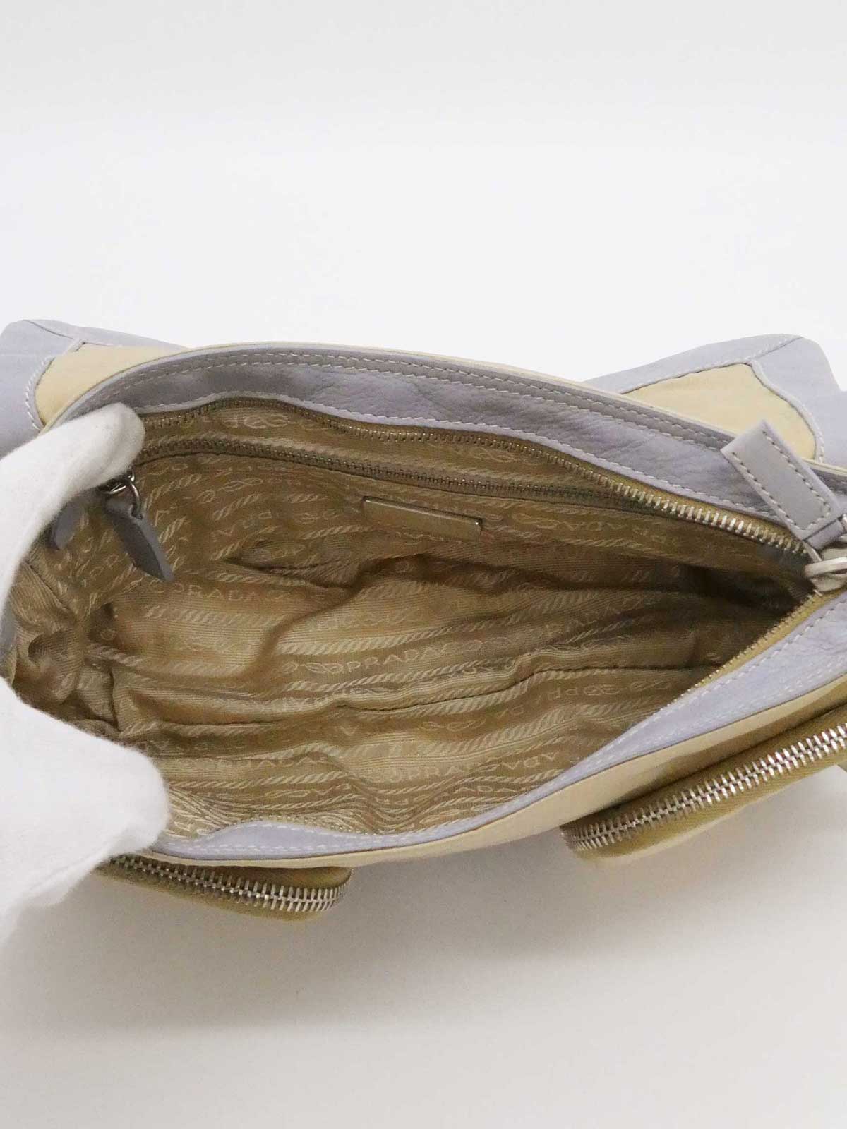 Nylon and leather combination logo plate one-shoulder bag in beige/gray