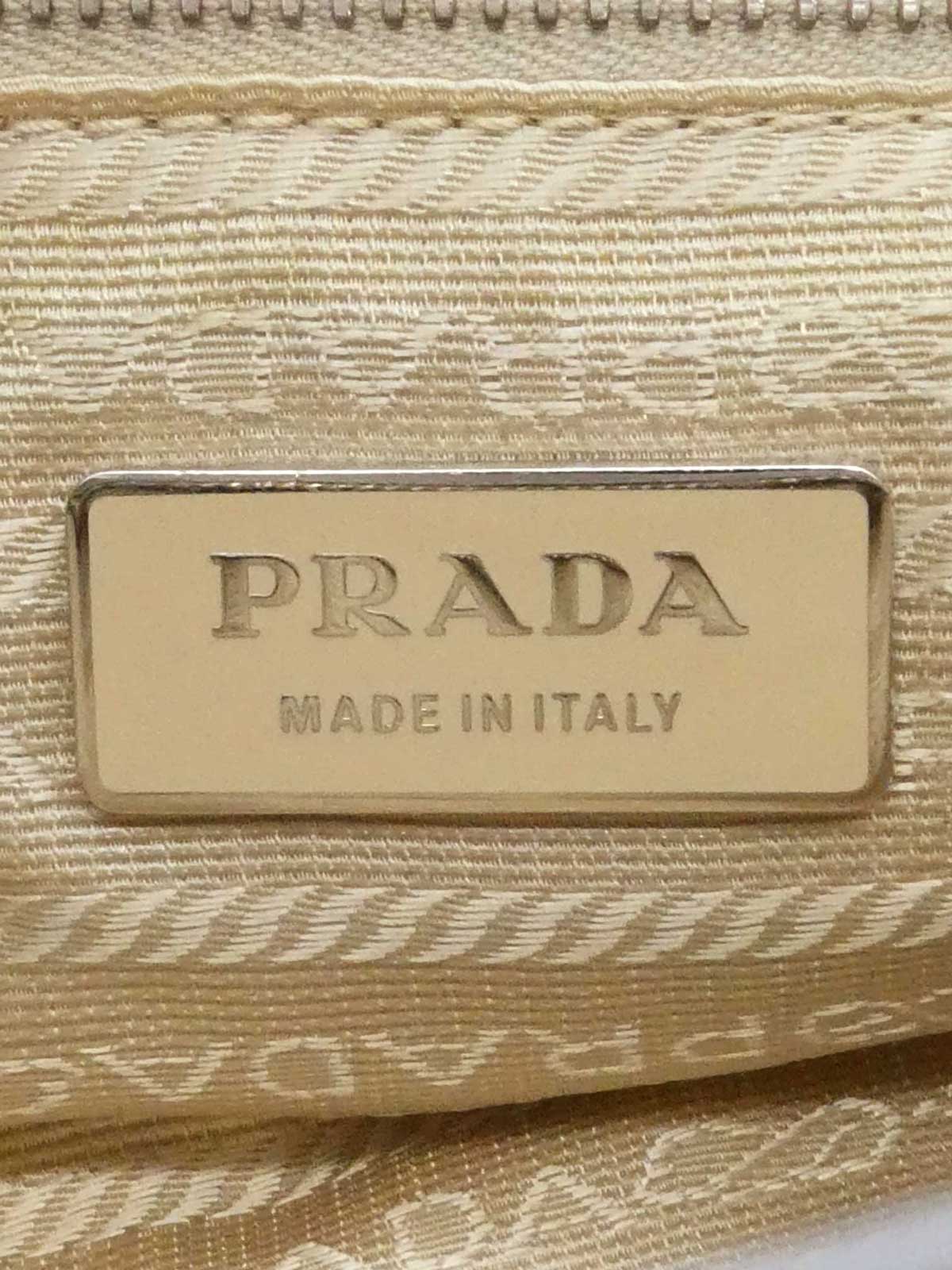 Nylon and leather combination logo plate one-shoulder bag in beige/gray