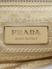 Nylon and leather combination logo plate one-shoulder bag in beige/gray