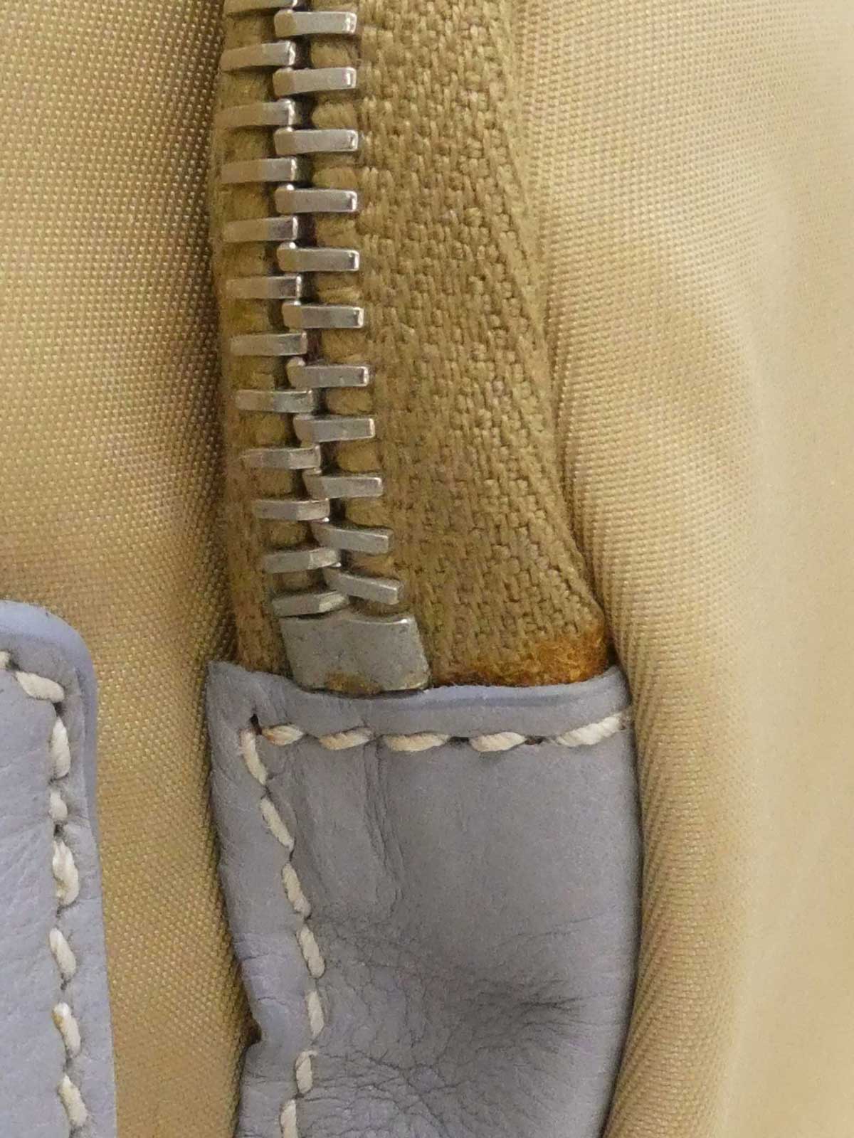 Nylon and leather combination logo plate one-shoulder bag in beige/gray