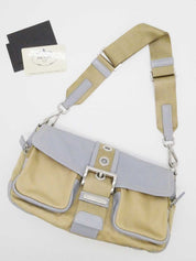 Nylon and leather combination logo plate one-shoulder bag in beige/gray