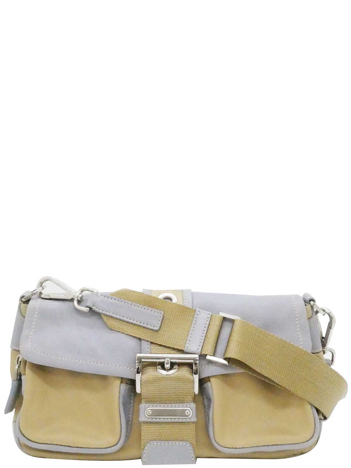Nylon and leather combination logo plate one-shoulder bag in beige/gray