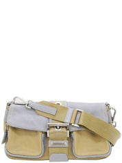 Nylon and leather combination logo plate one-shoulder bag in beige/gray