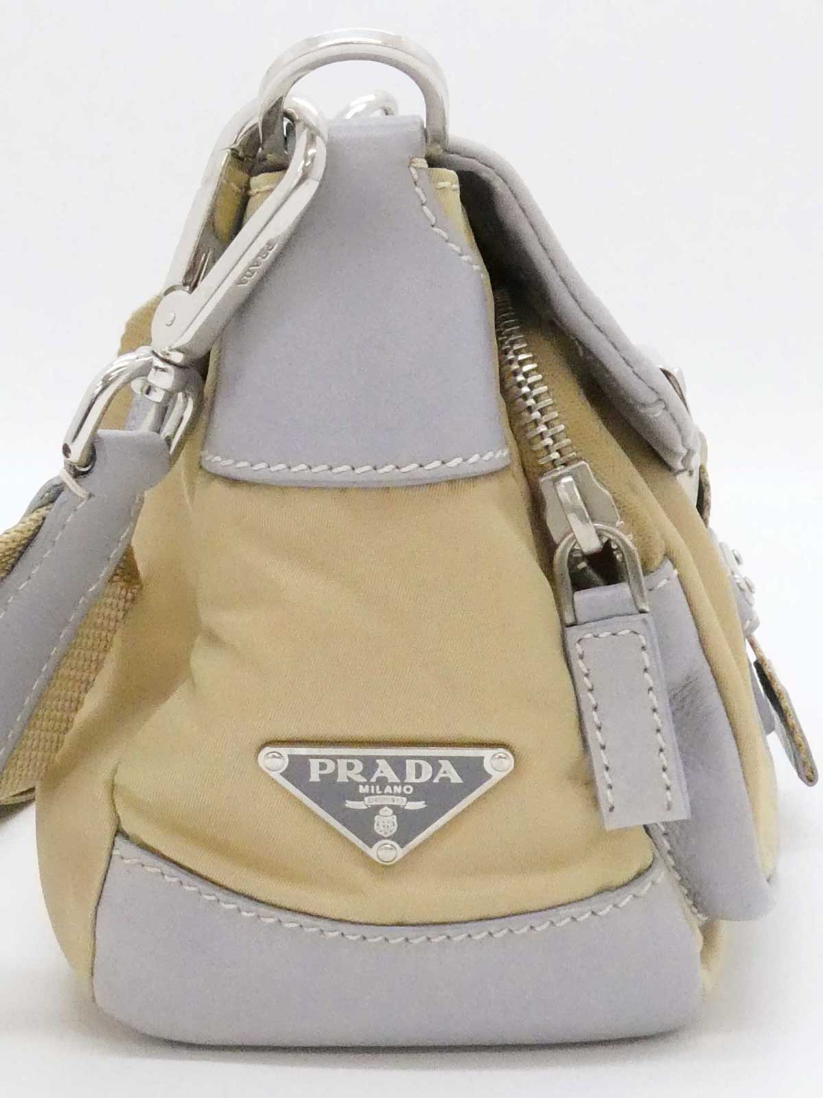Nylon and leather combination logo plate one-shoulder bag in beige/gray