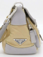Nylon and leather combination logo plate one-shoulder bag in beige/gray
