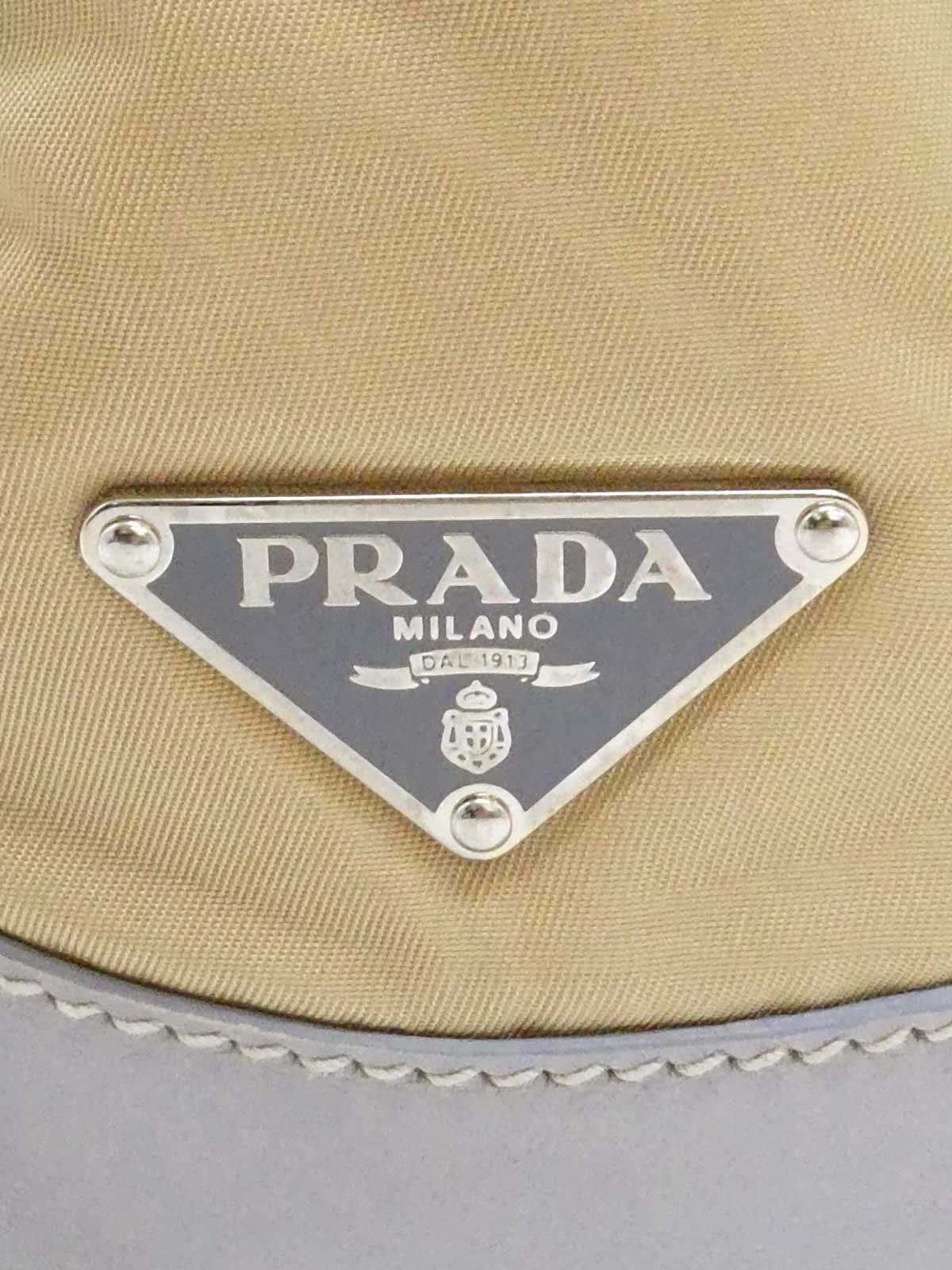 Nylon and leather combination logo plate one-shoulder bag in beige/gray