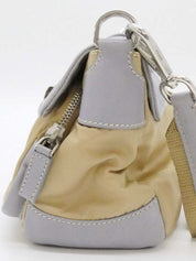 Nylon and leather combination logo plate one-shoulder bag in beige/gray