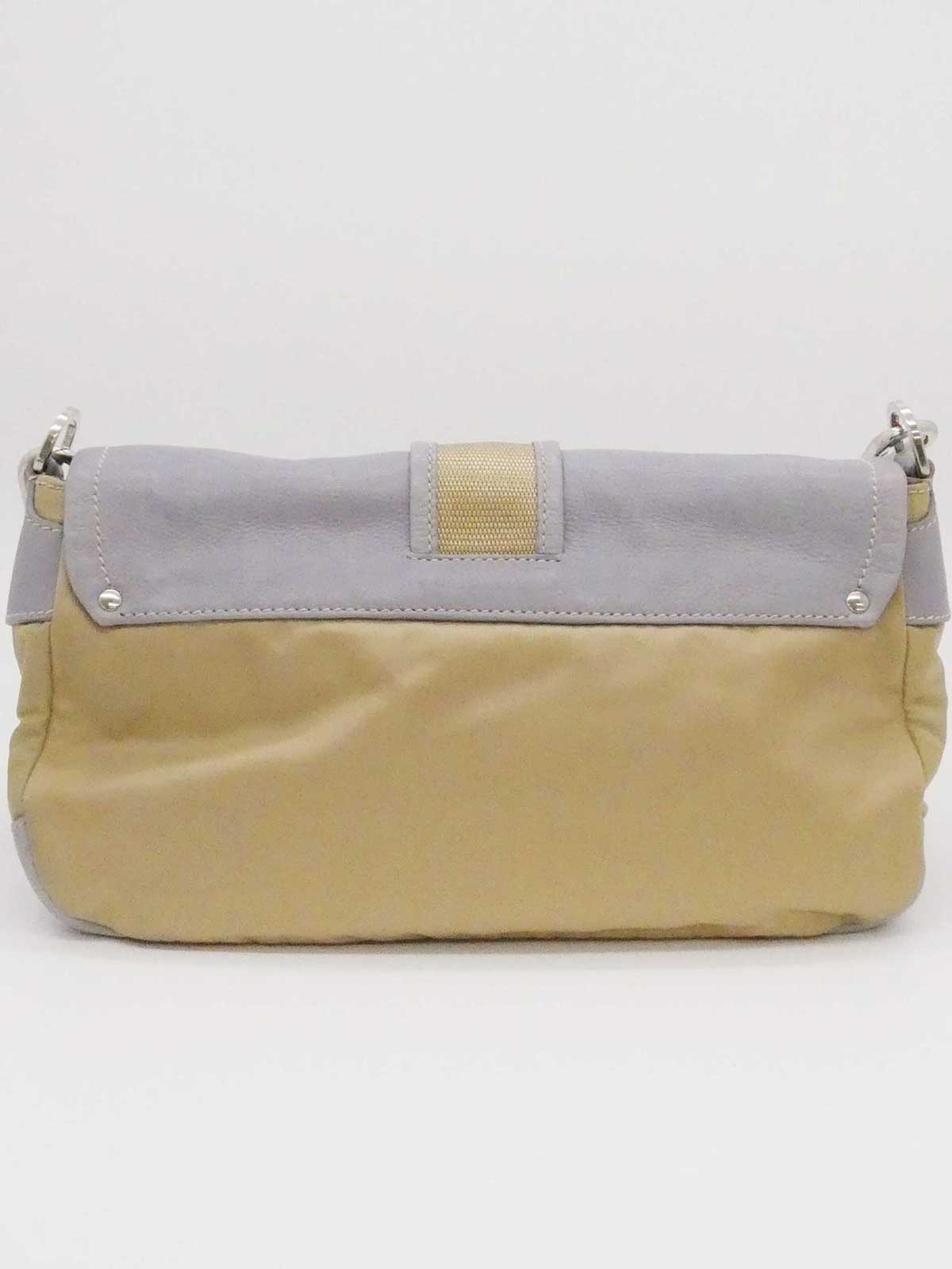 Nylon and leather combination logo plate one-shoulder bag in beige/gray