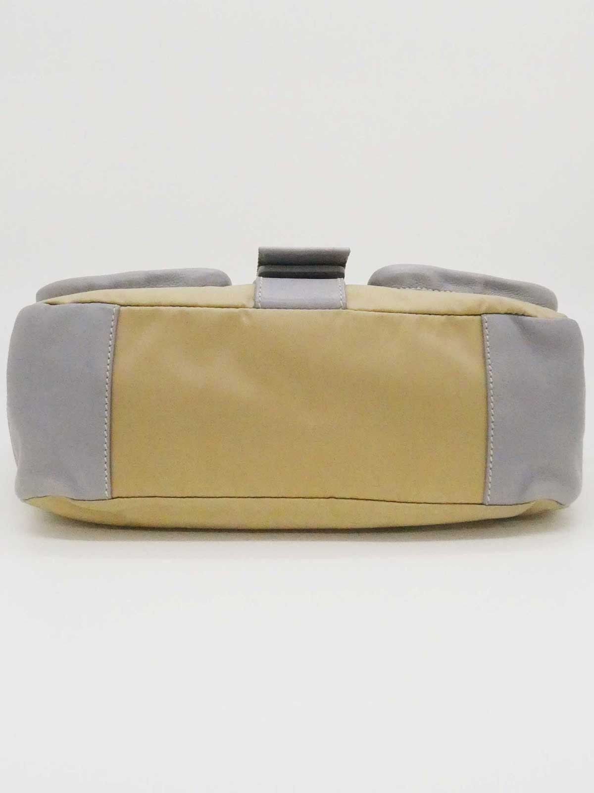 Nylon and leather combination logo plate one-shoulder bag in beige/gray