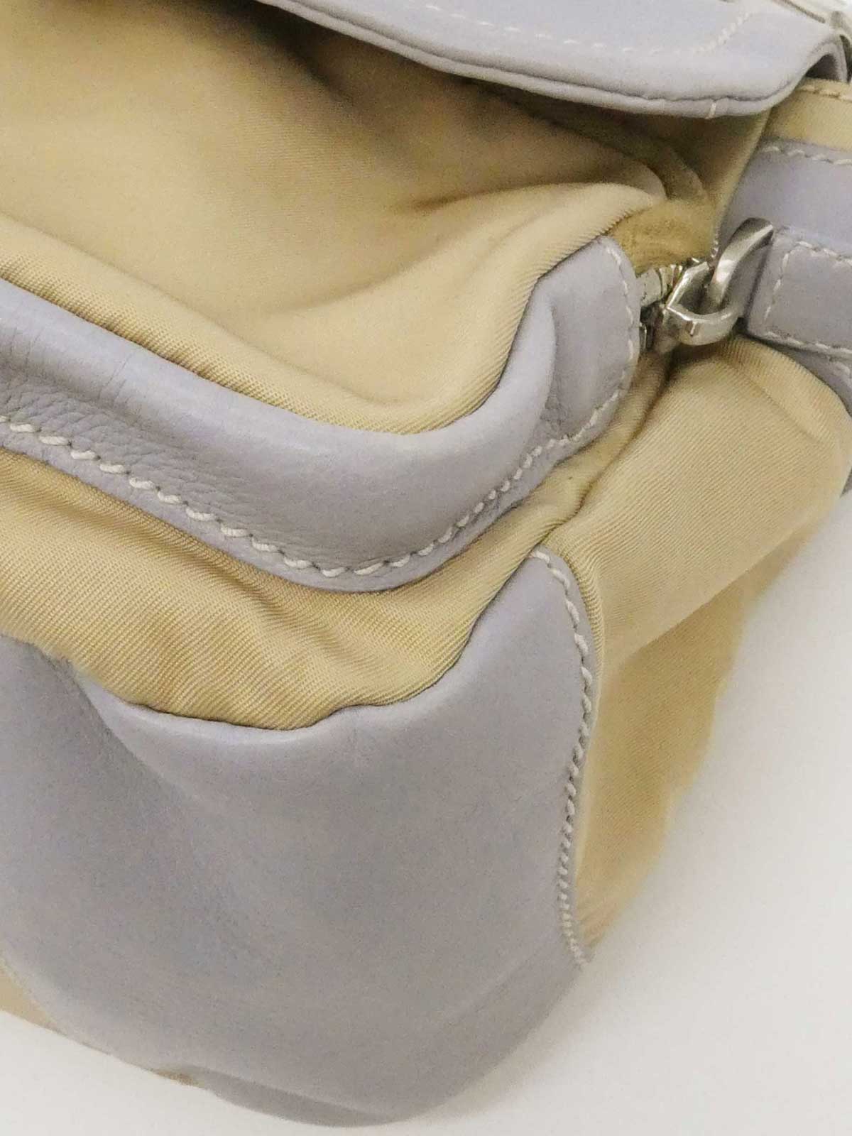 Nylon and leather combination logo plate one-shoulder bag in beige/gray