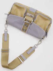 Nylon and leather combination logo plate one-shoulder bag in beige/gray