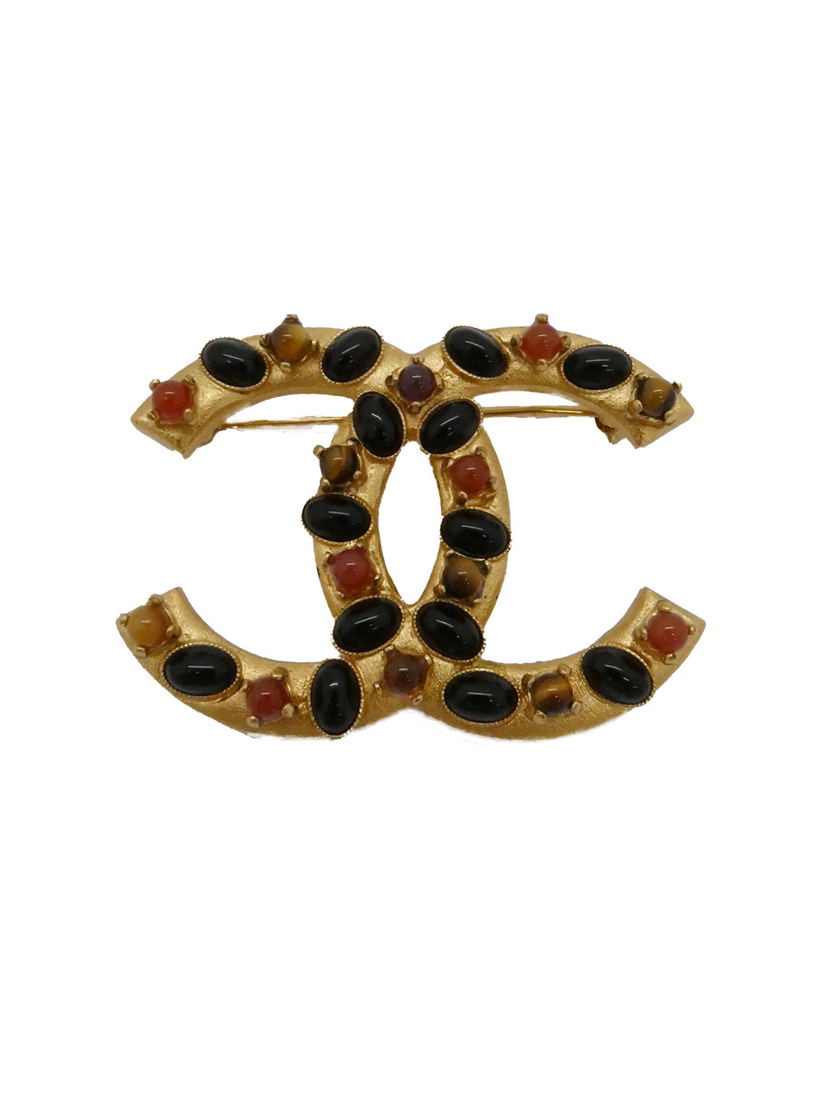 2001 Gripoix Tiger Eye CC Mark Brooch Gold/Multi