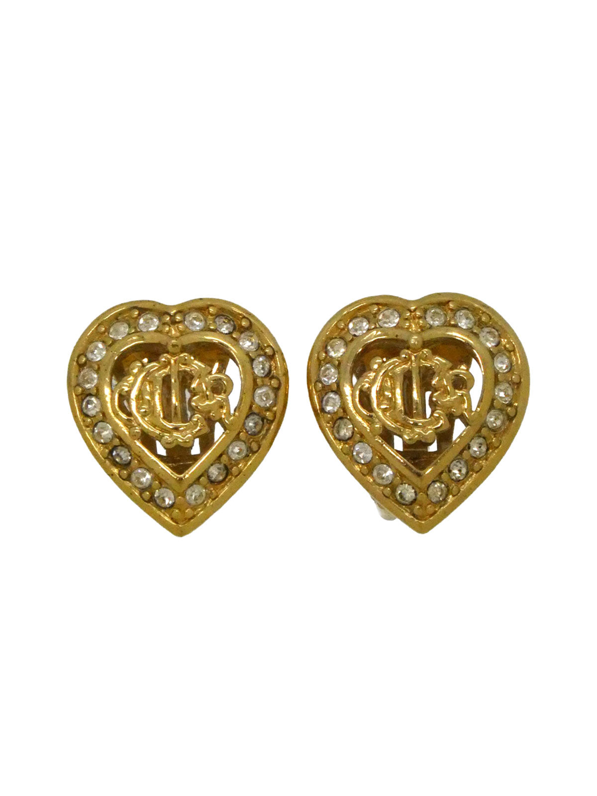 Rhinestone Heart Logo Emblem Earrings in Gold