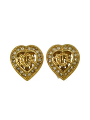 Rhinestone Heart Logo Emblem Earrings in Gold